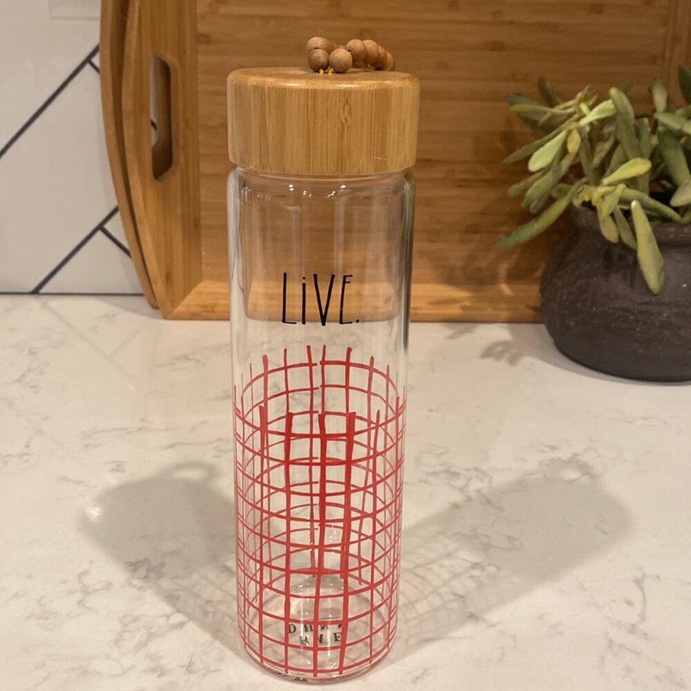 Rae Dunn Live Glass Water Bottle 22oz Bamboo Lid Beaded Loop environmentally